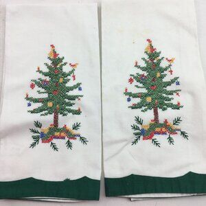 Vintage 90s Cross Stitch Christmas Tree Holiday Hand Towels Set 2 Tea Bathroom